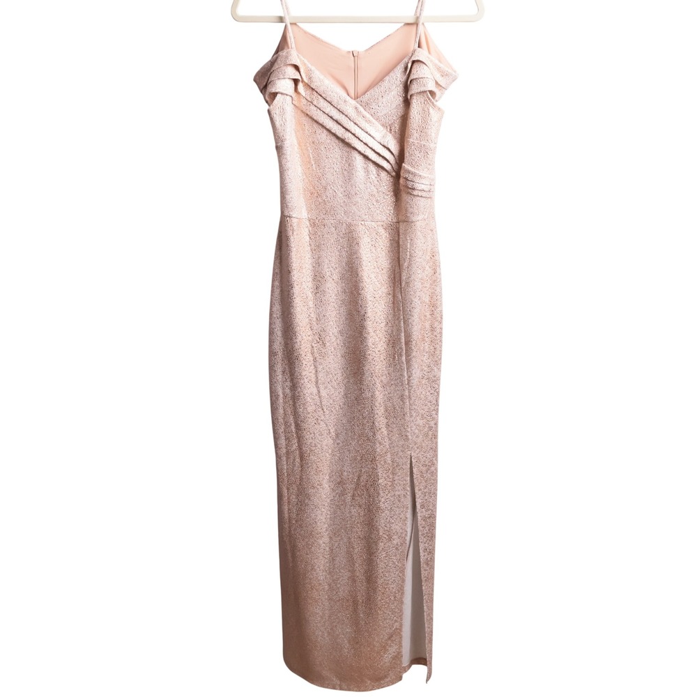 Alexa B Nites Rose‎ Gold Metallic Shimmer Gown Formal Dress 8 Off the Shoulder